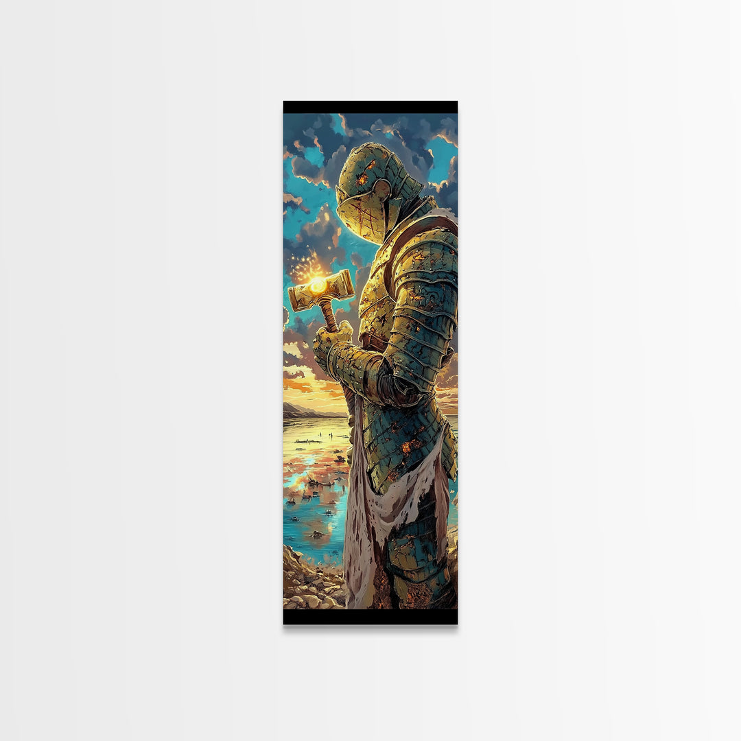 Sunset Templar Knight Holding Glowing Hammer, Fantasy Framed Canvas Print, Medieval Coastal Wall Decor, Gift For Him, Living Room Art