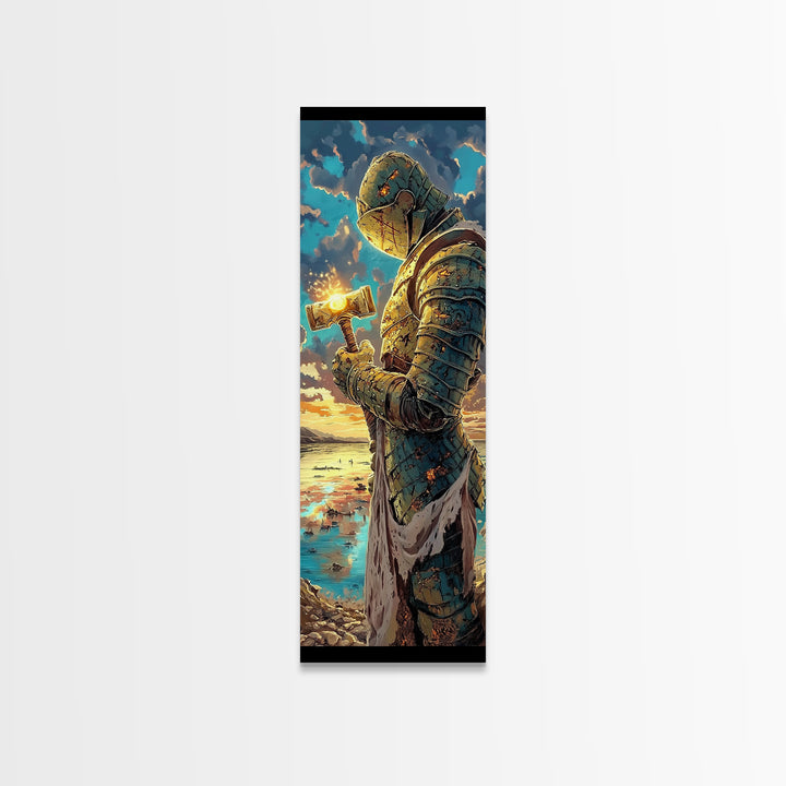 Sunset Templar Knight Holding Glowing Hammer, Fantasy Framed Canvas Print, Medieval Coastal Wall Decor, Gift For Him, Living Room Art