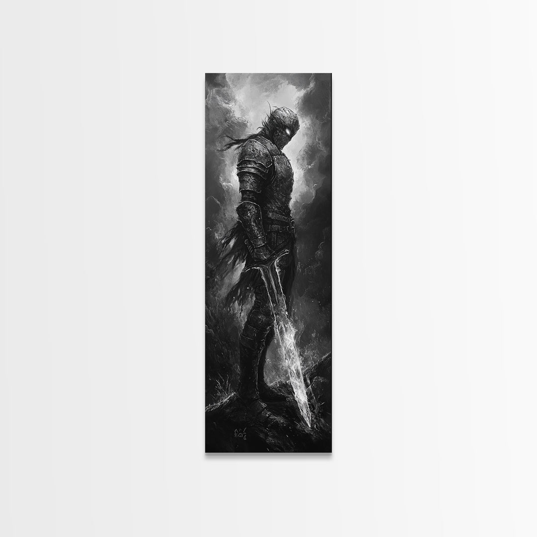 Storm Worn Dark Knight With Lightning Sword, Black And White Canvas Print, Gothic Fantasy Wall Art, Moody Medieval Decor
