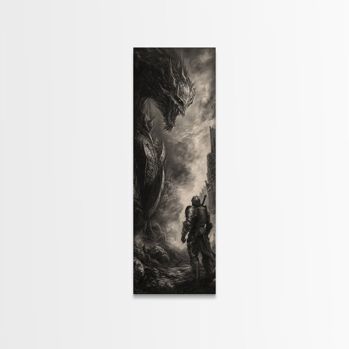 Lone Knight Facing Ancient Dragon In Ruins, Dark Fantasy Wall Art, Black And White Medieval Canvas, Gothic Office Decor Print