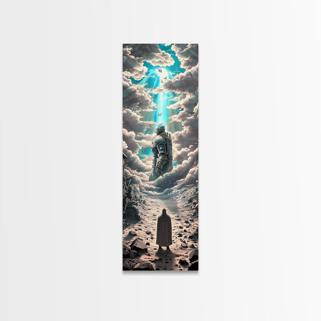 Floating Armored Knight Ascending Through Clouds, Celestial Fantasy Framed Canvas Print, Surreal Wall Art, Dreamy Room Decor