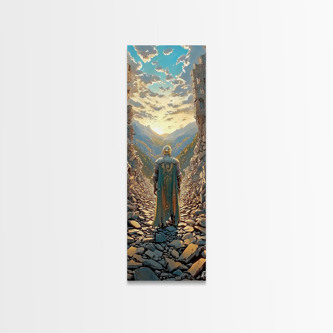 Knight Overlooking Golden Mountain Valley, Medieval Fantasy Canvas Print, Landscape Wall Art, Adventure Home Decor Gift For Him