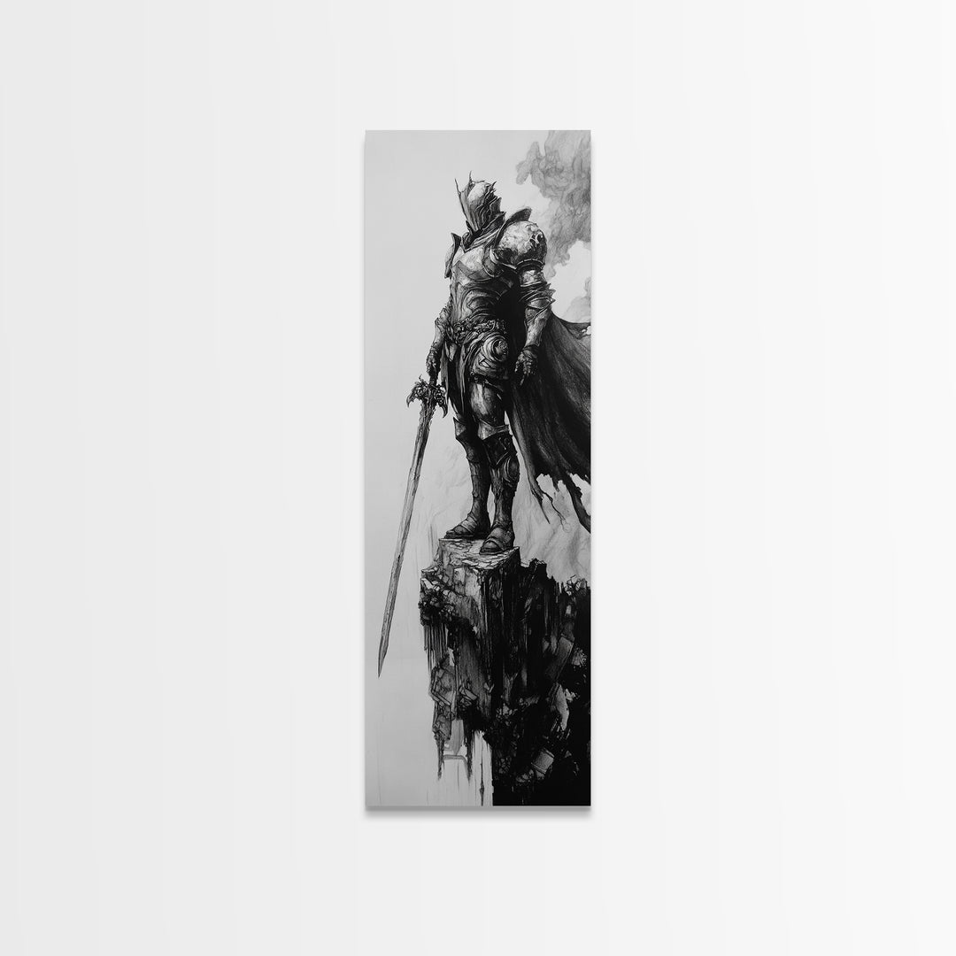 Skeletal Knight On Crumbling Cliff With Long Sword, Black And White Wall Art, Gothic Fantasy Canvas Print, Dark Medieval Decor