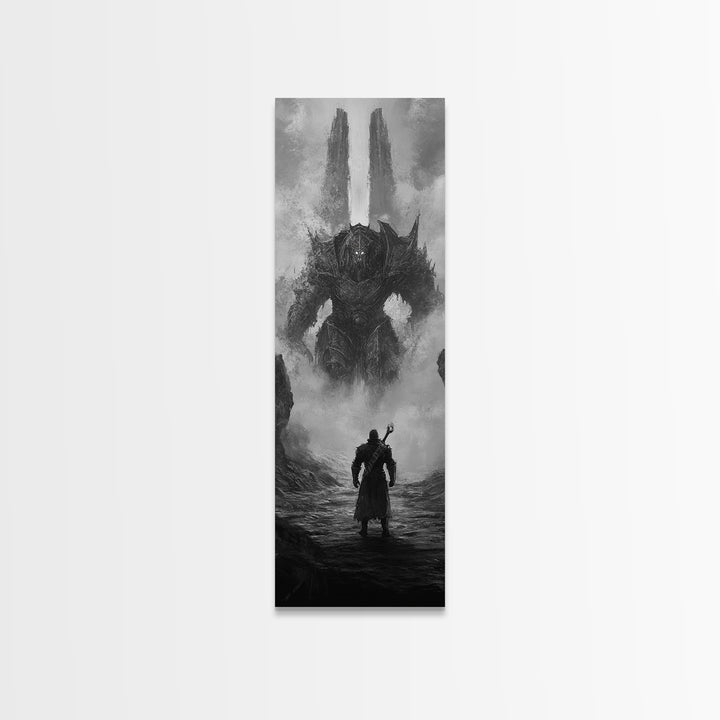 Warrior Facing Misty Armored Colossus, Dark Fantasy Wall Art, Black And White Framed Canvas Print, Epic Game Room Decor Gift