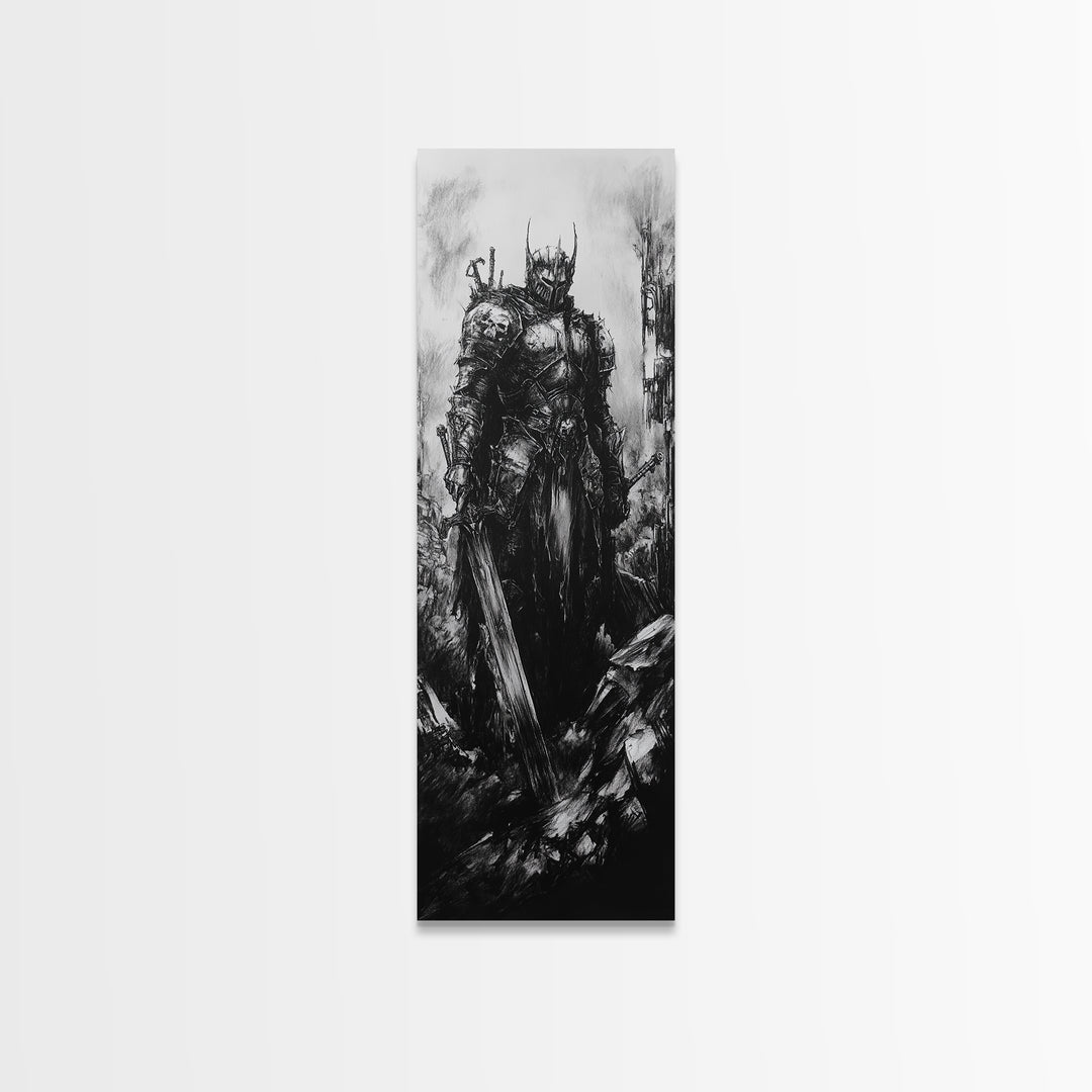 Crowned Dark Knight With Massive Sword In Ruins, Gothic Fantasy Canvas Print, Black And White Wall Art, Dark Academia Decor