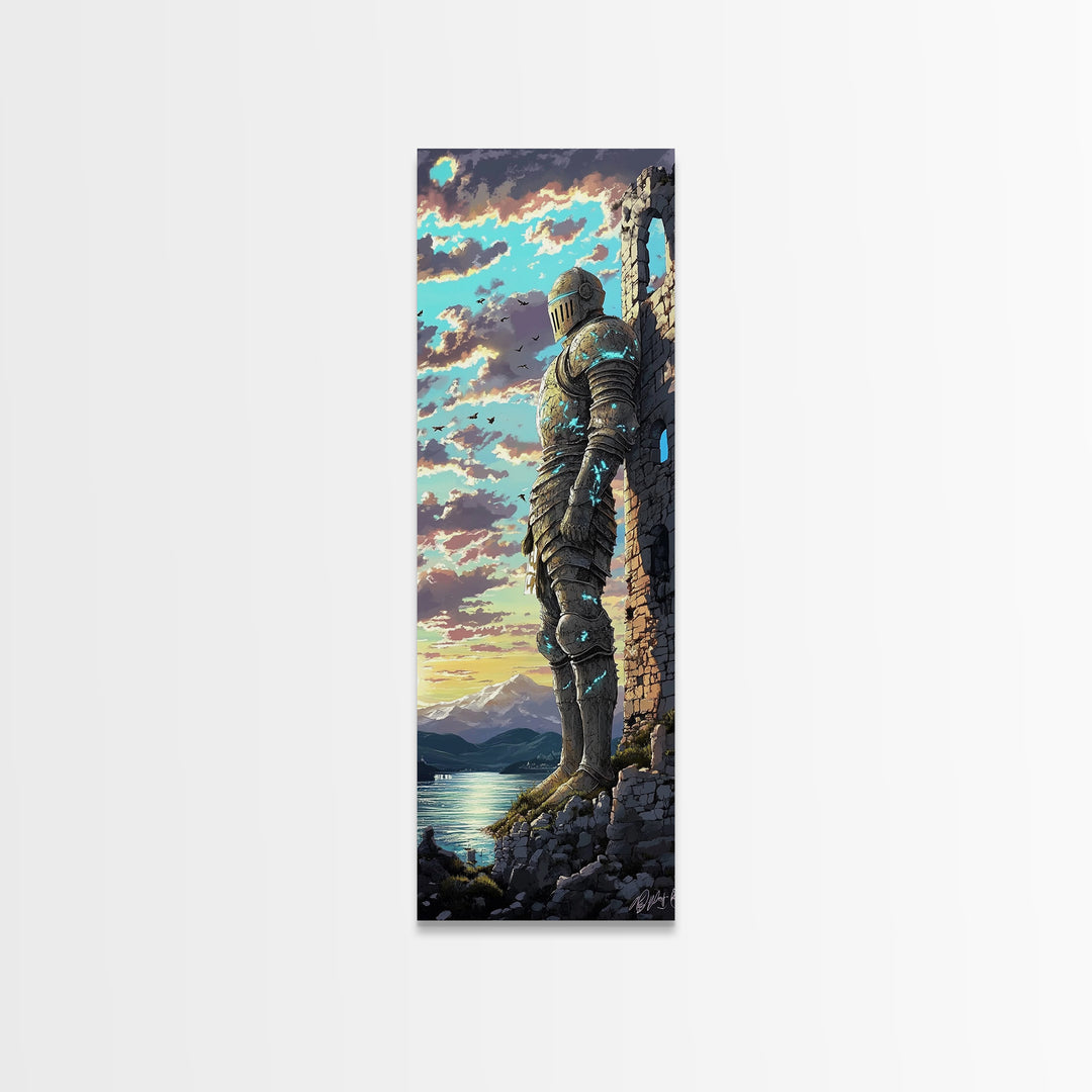 Blue Armored Knight Beside Castle At Lakeside Sunset, Medieval Fantasy Framed Canvas Print, Coastal Wall Art, Home Decor