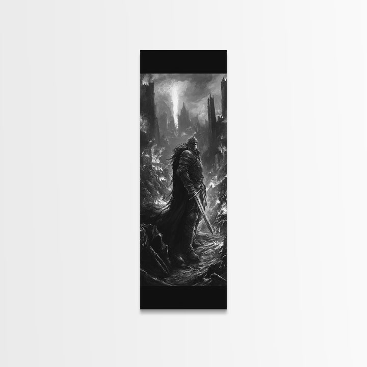 Dark Armored Knight In Ruined Gothic Valley Wall Art, Black And White Fantasy Art, Dark Academia Decor, Gothic Wall Decor