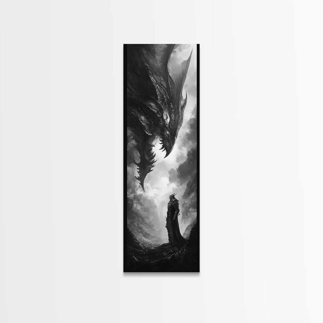 Monochrome Dragon And Lone Knight Wall Art, Dark Fantasy Art Print, Gothic Wall Decor, Black And White Art, Gamer Room Decor