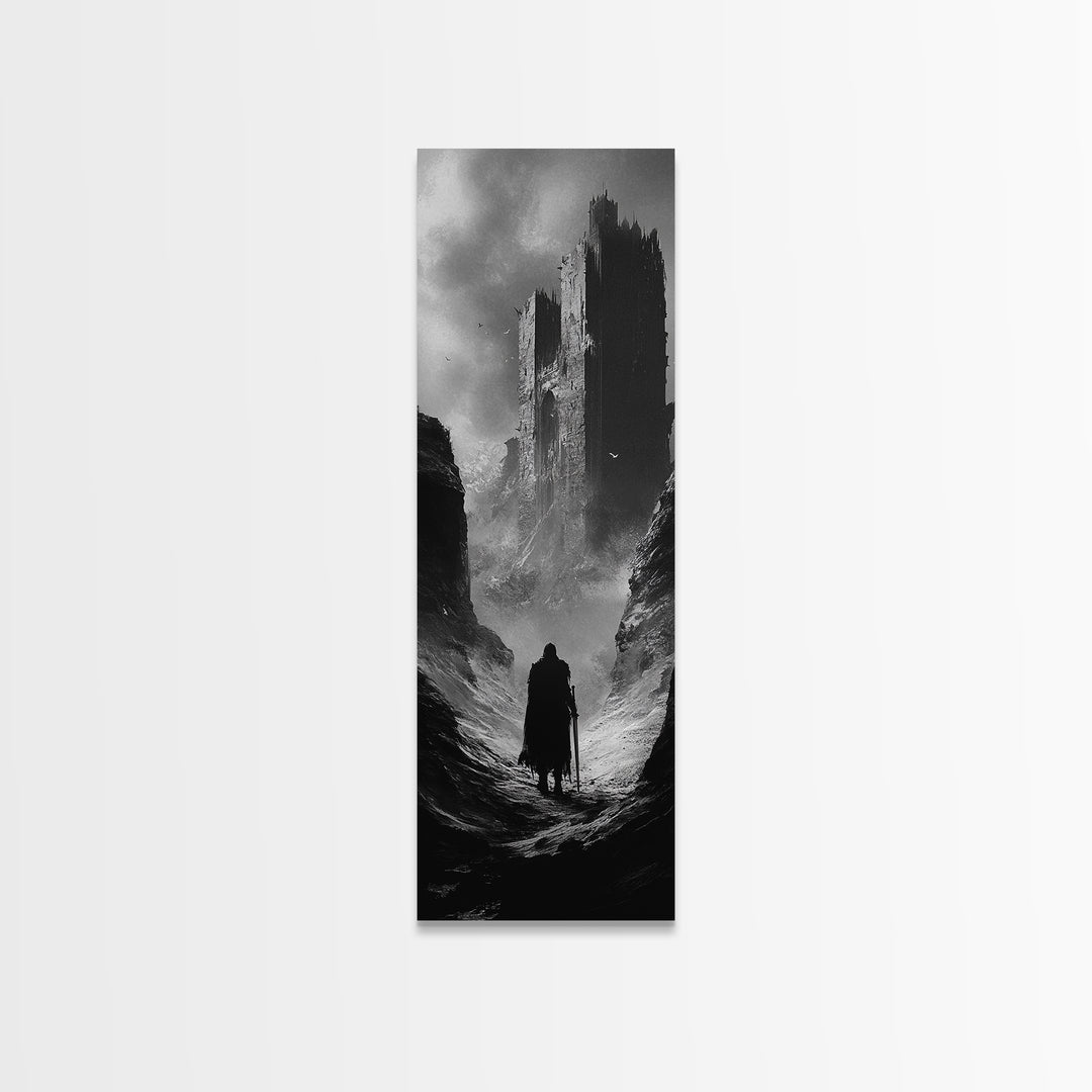 Misty Black Castle Valley With Lone Traveler Wall Art, Dark Academia Decor, Gothic Landscape, Black And White Fantasy Print