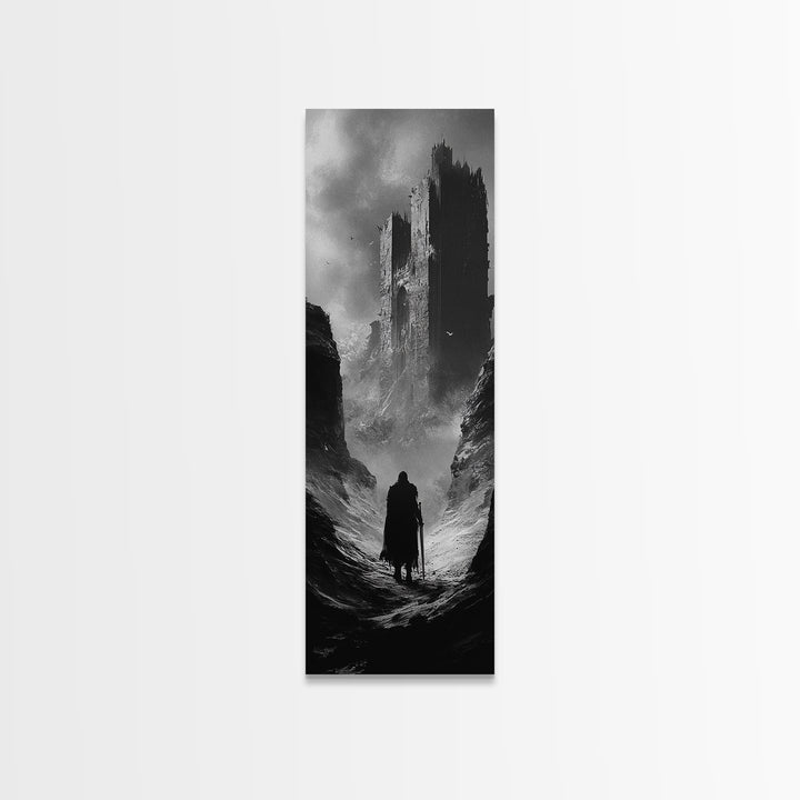 Misty Black Castle Valley With Lone Traveler Wall Art, Dark Academia Decor, Gothic Landscape, Black And White Fantasy Print