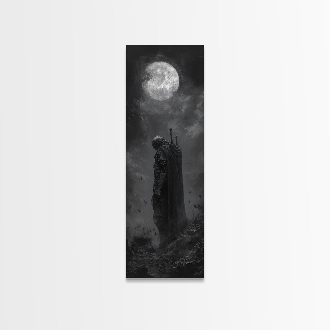 Lone Knight Beneath Full Moon Wall Art, Black And White Fantasy Art, Dark Gothic Decor, Moody Wall Art For Bedroom Canvas Print