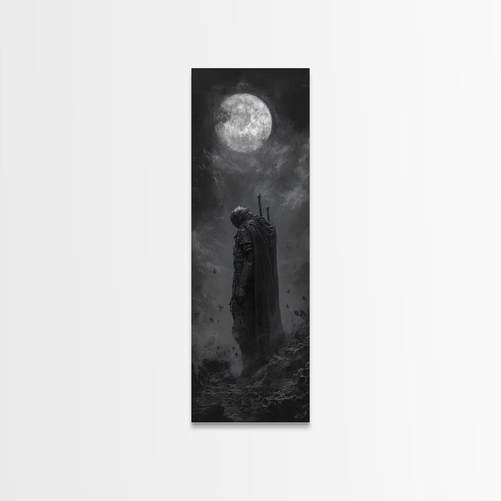 Lone Knight Beneath Full Moon Wall Art, Black And White Fantasy Art, Dark Gothic Decor, Moody Wall Art For Bedroom Canvas Print