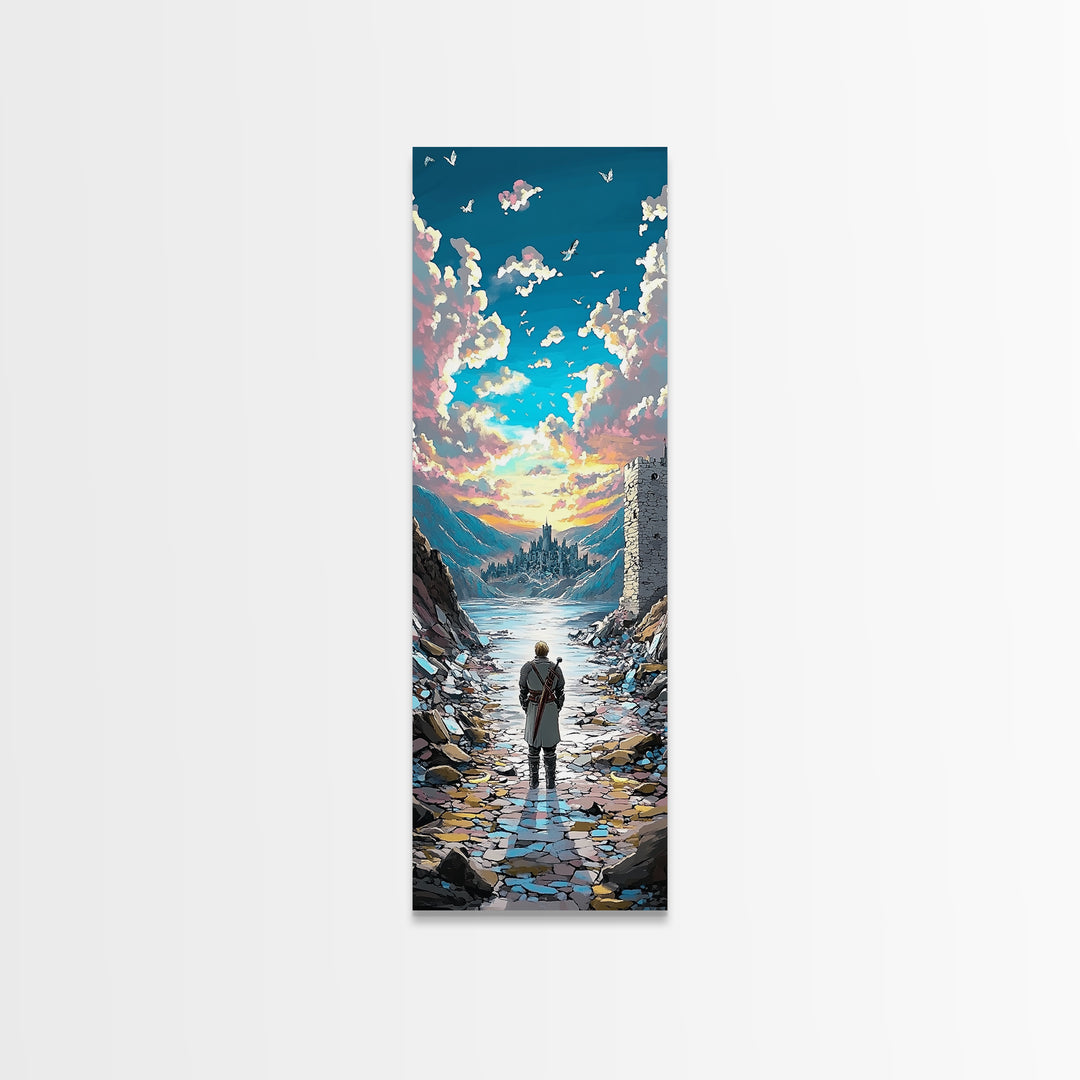Lone Traveler In Snowy Mountain Valley, Birds And Sunset Fantasy Wall Art, Vertical Canvas Print, Nature Landscape Decor