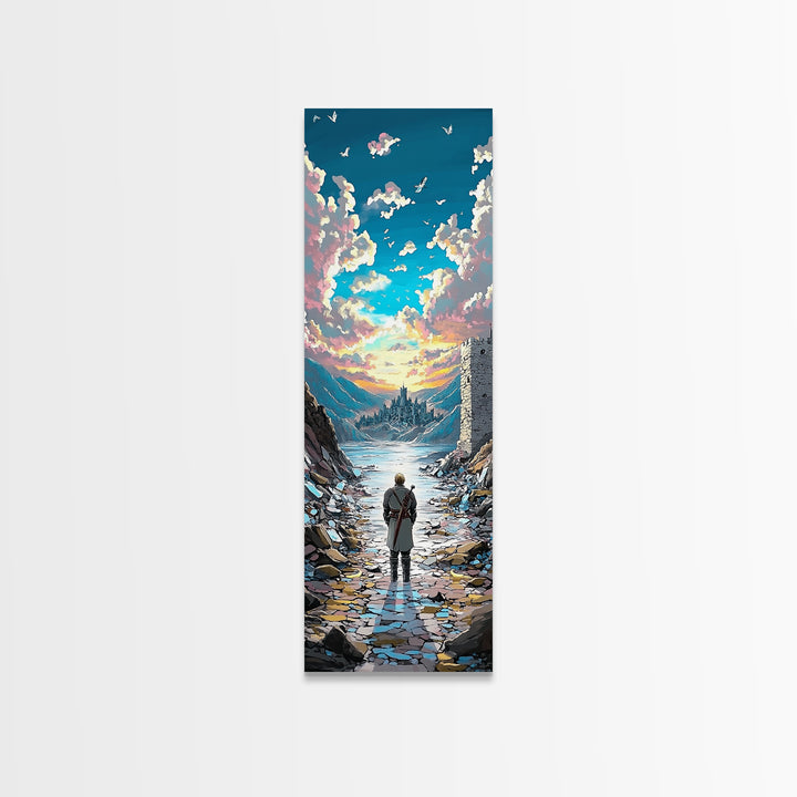 Lone Traveler In Snowy Mountain Valley, Birds And Sunset Fantasy Wall Art, Vertical Canvas Print, Nature Landscape Decor