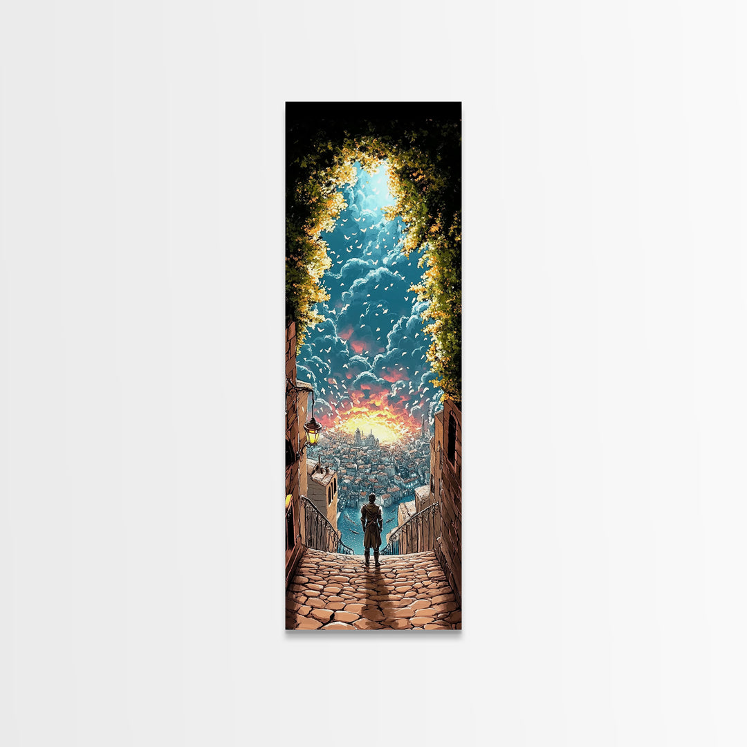 Cobblestone Stairway To Glowing Coastal City, Birds And Sunset Canvas Print, Fantasy Wall Art, Travel Inspired Home Decor