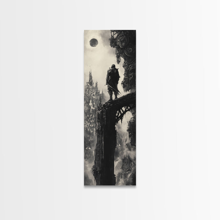 Moonlit Gothic Warrior On Shadow Bridge, Black And White Wall Art, Dark Fantasy Canvas Print, Moody Castle Office Wall Decor