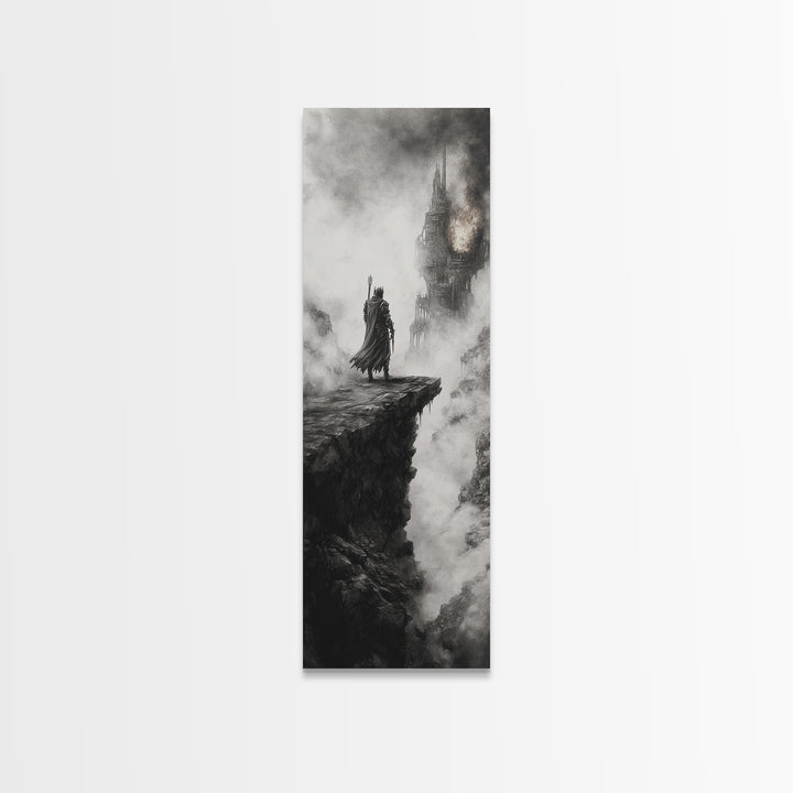 Cloaked Knight On Misty Cliff, Haunted Gothic Castle Framed Canvas Print, Black And White Wall Art, Dark Academia Room Decor