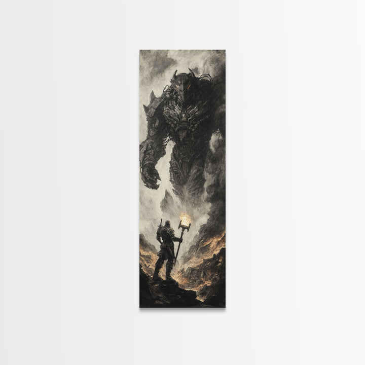 Torch Bearer Facing Colossal Demon, Dark Fantasy Wall Art, Gothic Canvas Print, Dramatic Warrior Statement Artwork Home Decor