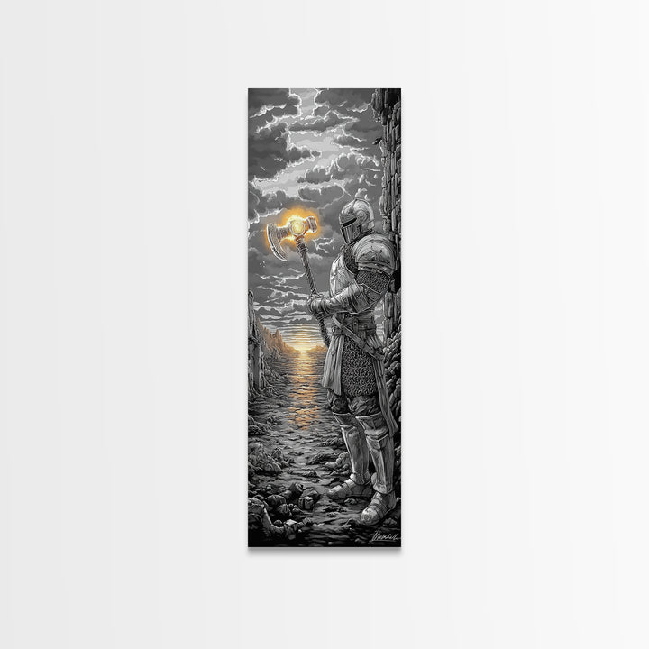 Armored Knight With Glowing Axe On Stormy Shore, Black And White Wall Art, Medieval Fantasy Canvas Print, Masculine Decor