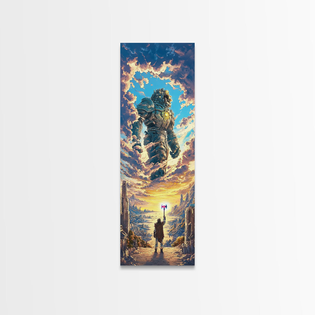 Floating Stone Giant Guardian At Sunset, Fantasy Wall Art, Large Canvas Wall Art, Epic Landscape Print, Gaming Room Decor Gift