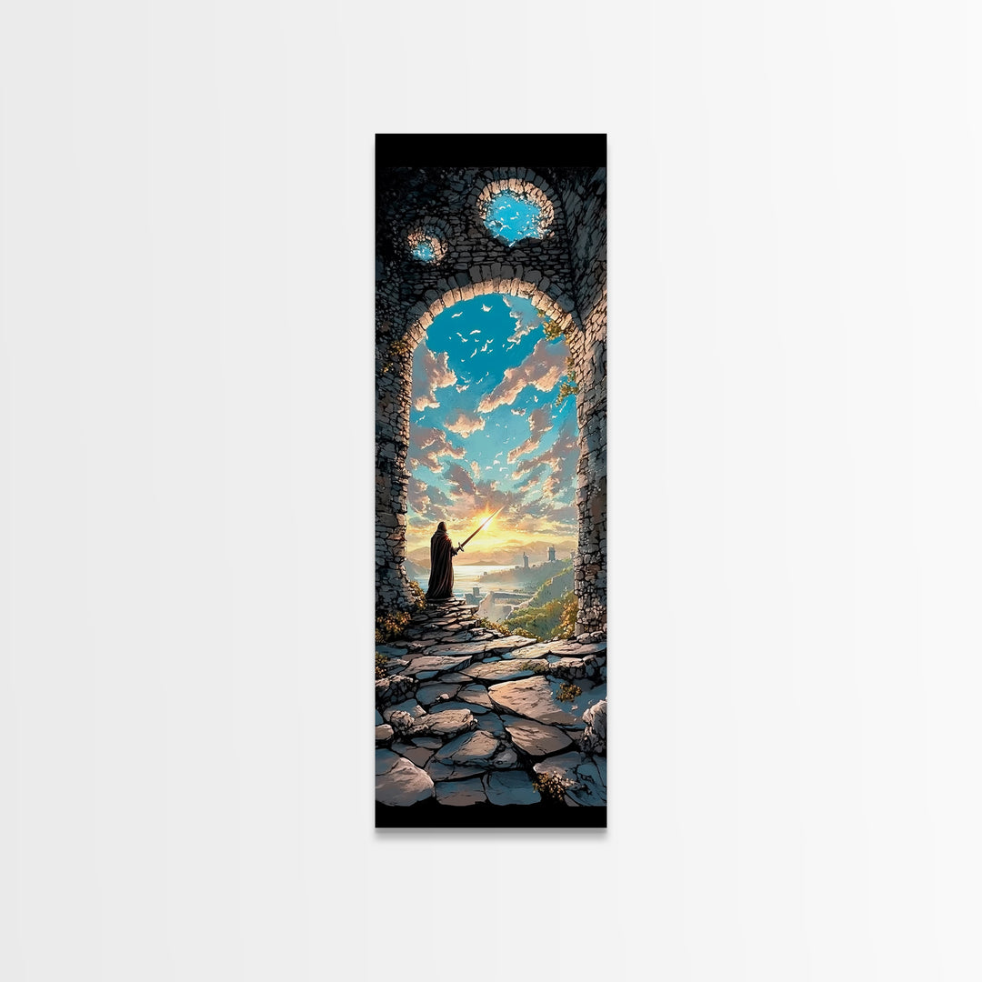Cloaked Wizard In Ruined Archway At Sunset, Fantasy Wall Art, Medieval Landscape Print, Whimsical Office Decor Gift, Living Room Decor