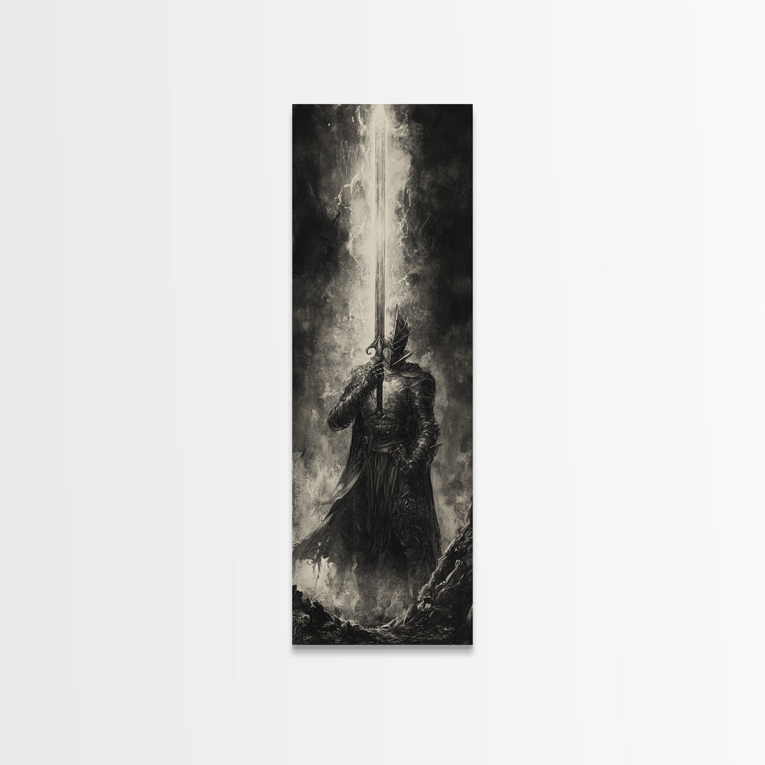 Black And White Knight With Glowing Sword, Dark Fantasy Wall Art, Gothic Canvas Print, Medieval Decor, Masculine Office Art Gift