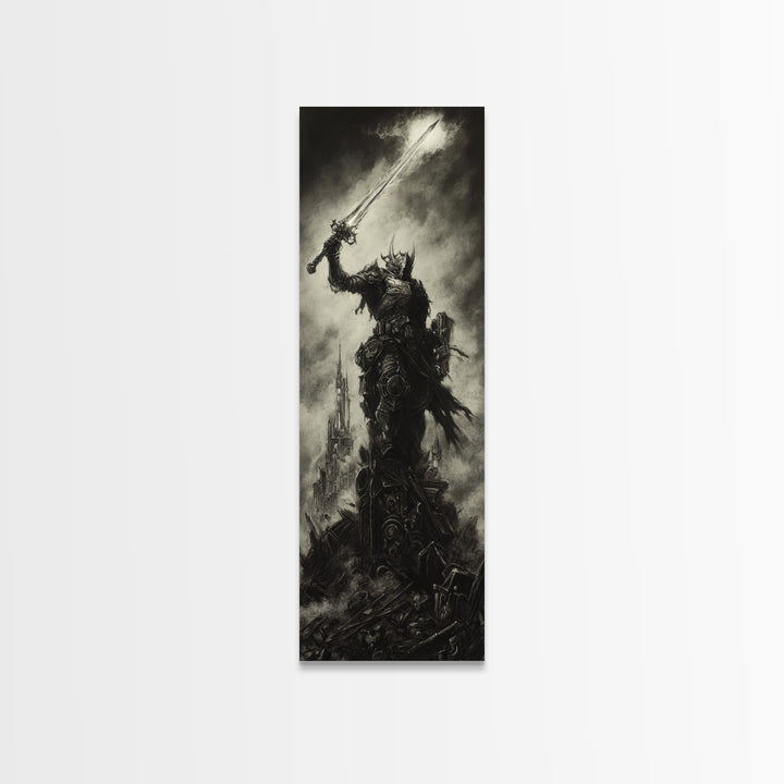 Dark Armored Warrior Raising Sword By Ruined Castle, Gothic Wall Art, Black And White Fantasy Print, Man Cave Decor Gift For Him