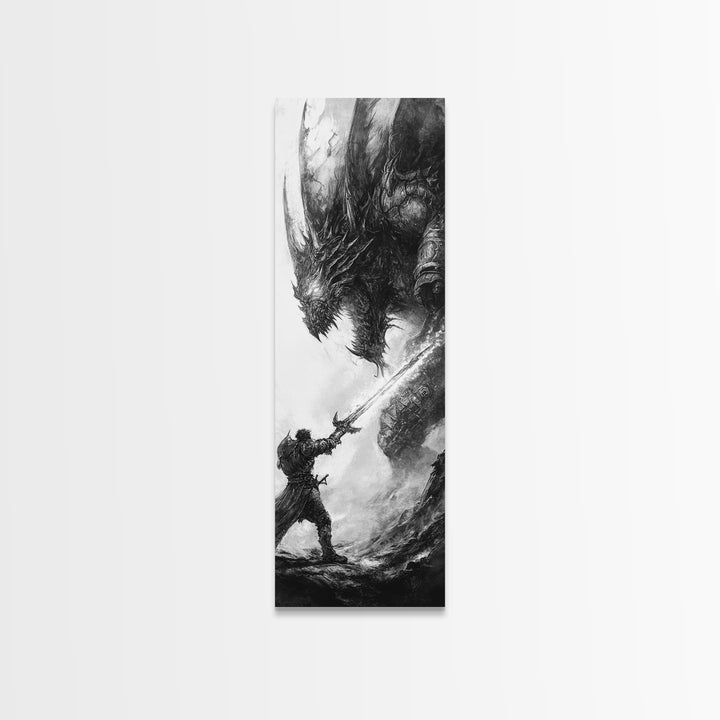 Warrior Facing Massive Dragon In Black And White, Dark Fantasy Wall Art, Gothic Canvas Print, Epic Monster Decor Gift For Him