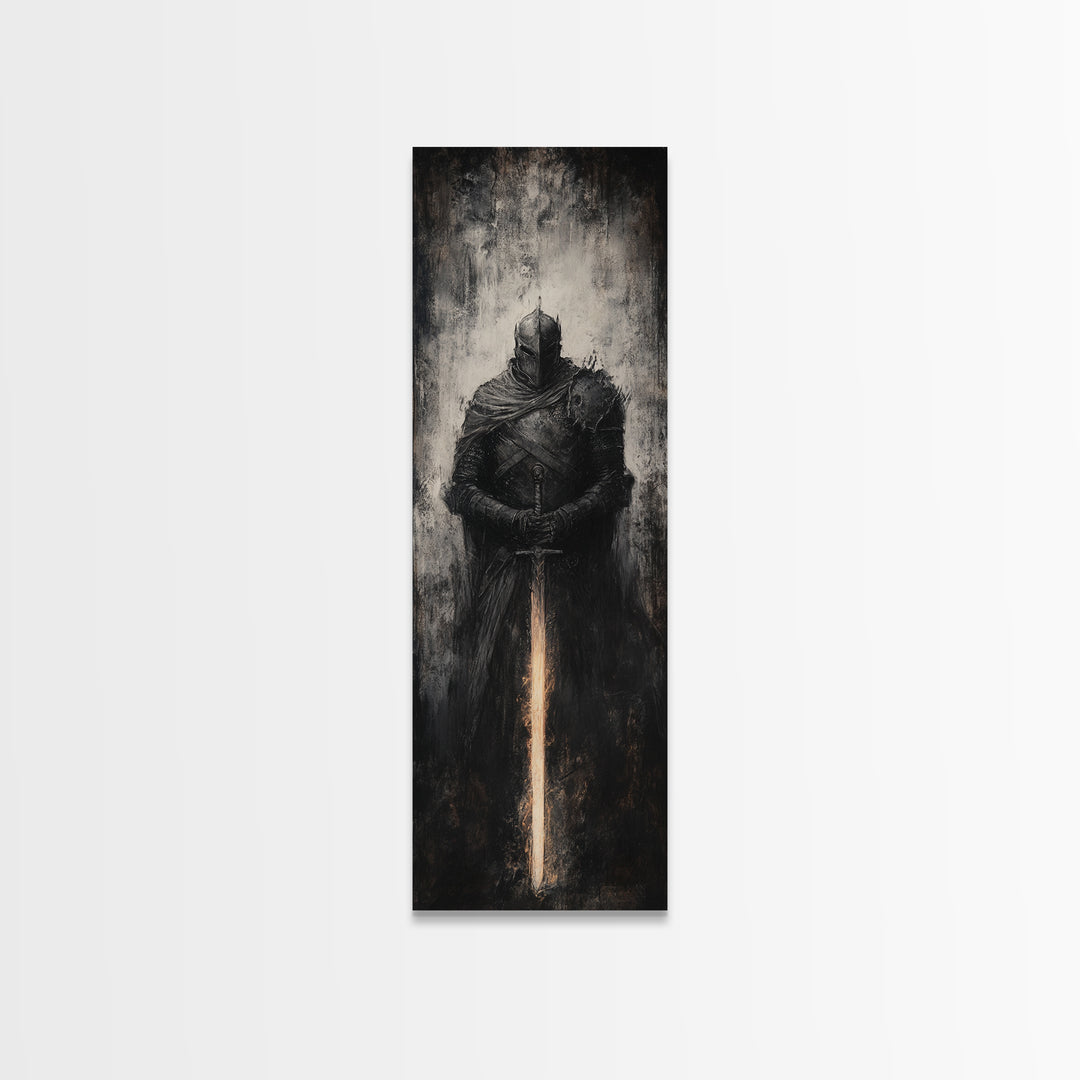 Dark Armored Knight With Glowing Sword Wall Art, Gothic Fantasy Canvas Print, Medieval Warrior Decor For Man Cave Office Decor