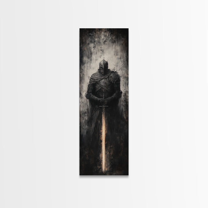 Dark Armored Knight With Glowing Sword Wall Art, Gothic Fantasy Canvas Print, Medieval Warrior Decor For Man Cave Office Decor