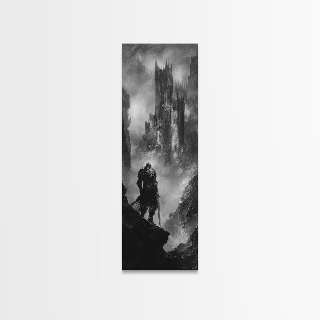 Lone Warrior Before Dark Gothic Castle Wall Art, Black And White Fantasy Landscape Print, Medieval Dungeon Decor For Office