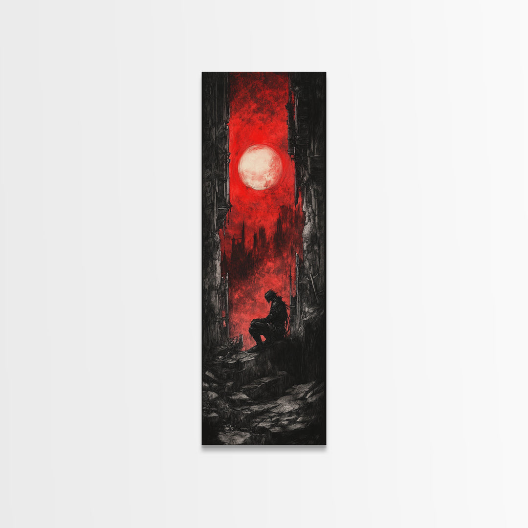 Solitary Figure Under Blood Moon Wall Art, Red Gothic Fantasy Canvas Print, Dark Academia Poster For Bedroom Decor Gift