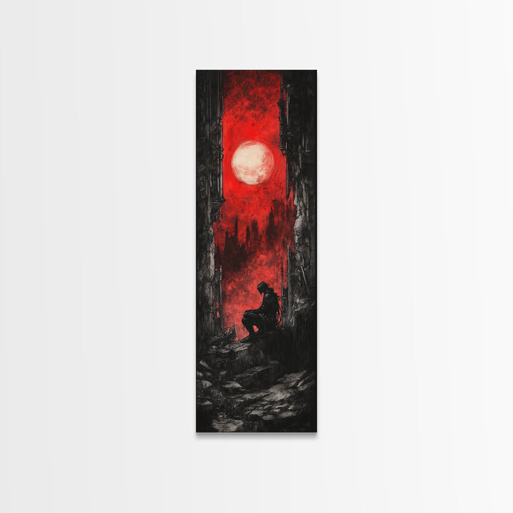 Solitary Figure Under Blood Moon Wall Art, Red Gothic Fantasy Canvas Print, Dark Academia Poster For Bedroom Decor Gift