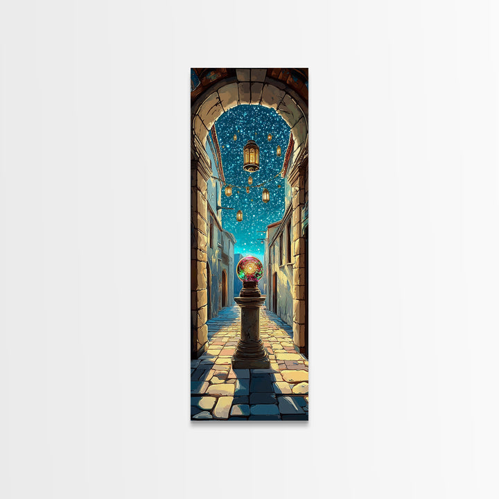 Magic Orb Beneath Starry Alley Wall Art, Whimsical Fantasy Canvas Print, Mediterranean Night Unique Home Decor Gift For Her