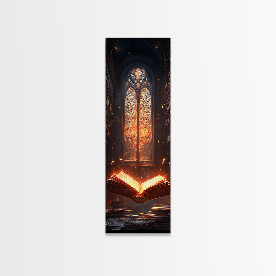 Glowing Book Before Cathedral Window Wall Art, Gothic Library Fantasy Canvas Print, Dark Academia Reading Room Decor Gift