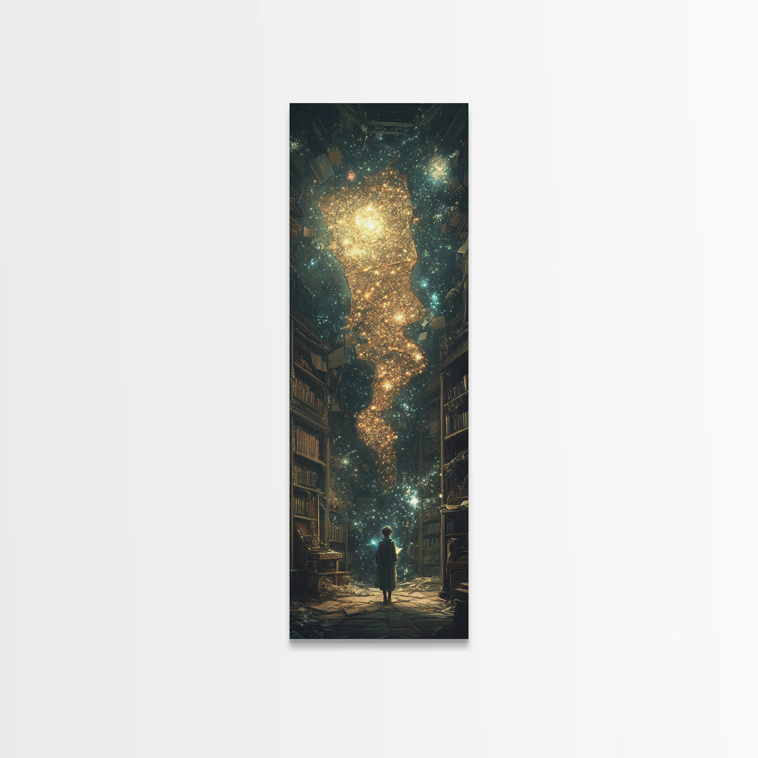 Child Beneath Cosmic Book Tower Wall Art, Dark Academia Library Decor, Celestial Fantasy Art Print, Magical Reading Gift