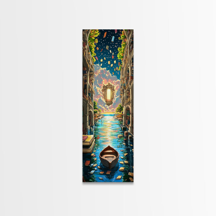 Lantern Canal Between Book Shelves Canvas Print, Fantasy Library Wall Art, Coastal Book Lover Decor, Magical Housewarming Gift