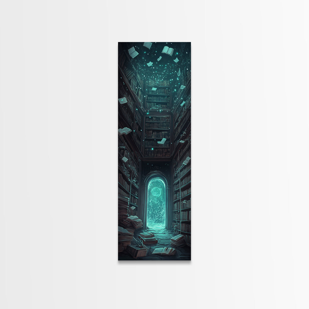 Glowing Portal In Dark Library Framed Canvas Print, Gothic Wall Art, Dark Academia Decor, Fantasy Book Lover Gift, Reading Nook Decor