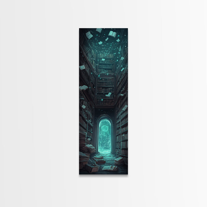 Glowing Portal In Dark Library Framed Canvas Print, Gothic Wall Art, Dark Academia Decor, Fantasy Book Lover Gift, Reading Nook Decor