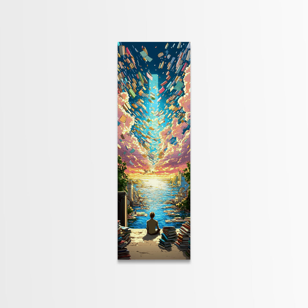 Boy Watching Books Fly Over Ocean Wall Art, Whimsical Sunset Seascape, Book Lover Gift, Colorful Coastal Home Decor Print