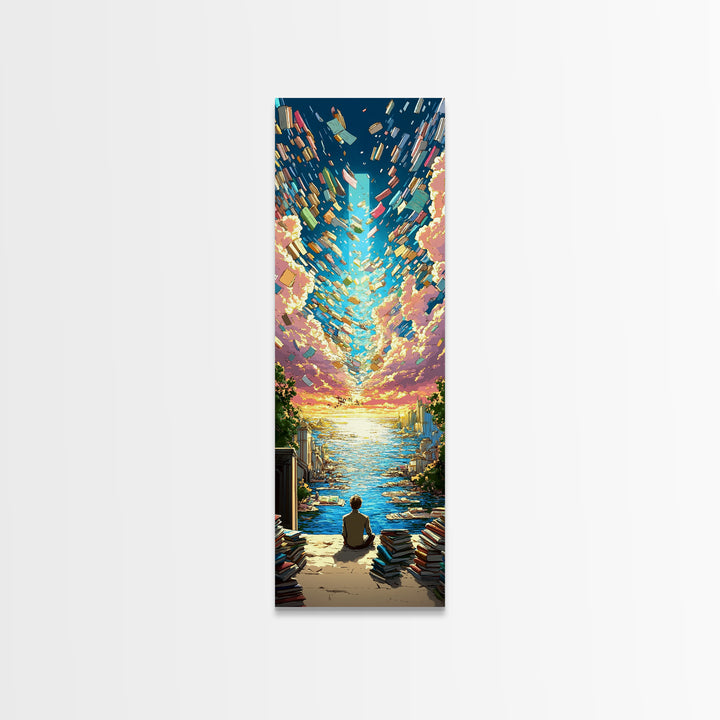 Boy Watching Books Fly Over Ocean Wall Art, Whimsical Sunset Seascape, Book Lover Gift, Colorful Coastal Home Decor Print