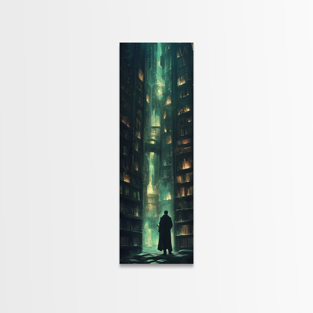 Lone Figure In Emerald Library Canyon Canvas Print, Dark Academia Wall Art, Moody Fantasy Decor, Gothic Office Wall Decor