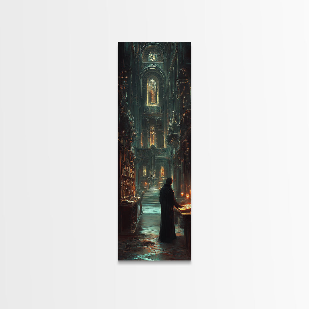Robed Scholar In Gothic Cathedral Library Wall Art, Dark Academia Decor, Moody Fantasy Print, Candlelit Office Wall Decor