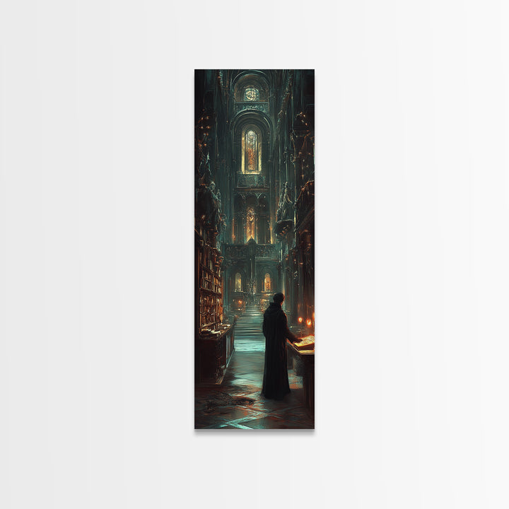 Robed Scholar In Gothic Cathedral Library Wall Art, Dark Academia Decor, Moody Fantasy Print, Candlelit Office Wall Decor