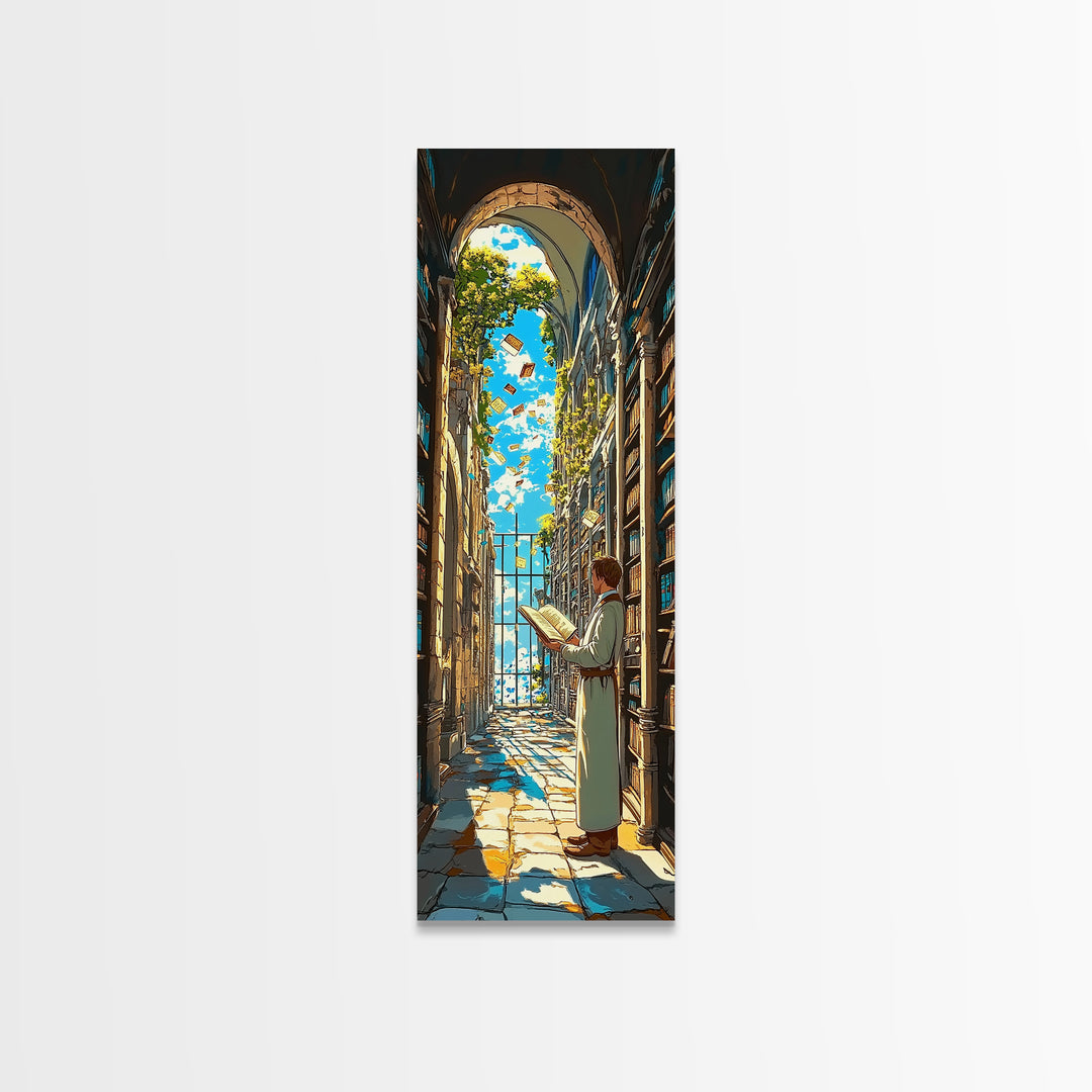Sunlit Scholar Reading In Arched Library Framed Canvas Print, Book Lover Wall Art, Academia Decor, Literary Gift For Her