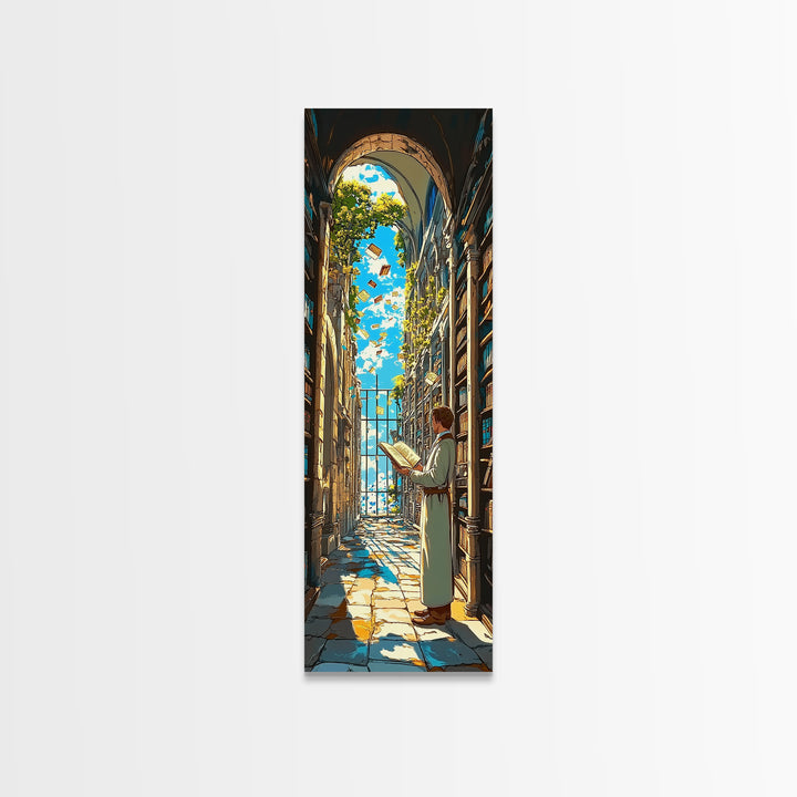 Sunlit Scholar Reading In Arched Library Framed Canvas Print, Book Lover Wall Art, Academia Decor, Literary Gift For Her