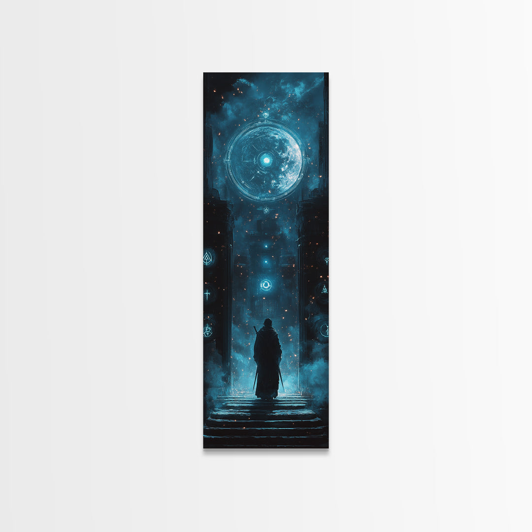 Lone Figure Before Glowing Cosmic Portal Canvas Print, Sci Fi Wall Art, Cyberpunk Decor, Futuristic Space Art For Gaming Room