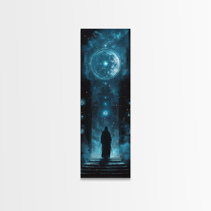 Lone Figure Before Glowing Cosmic Portal Canvas Print, Sci Fi Wall Art, Cyberpunk Decor, Futuristic Space Art For Gaming Room