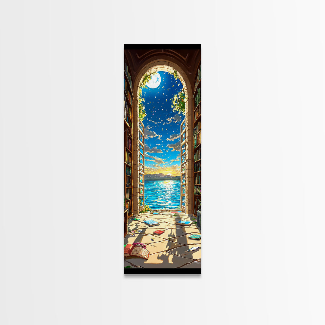 Moonlit Library Arch With Ocean View Framed Canvas Print, Book Lover Wall Art, Coastal Decor, Reading Nook Art For Cozy Home Decor