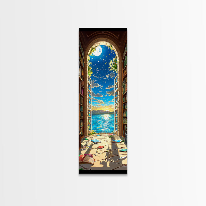 Moonlit Library Arch With Ocean View Framed Canvas Print, Book Lover Wall Art, Coastal Decor, Reading Nook Art For Cozy Home Decor